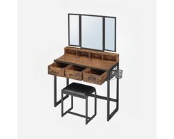 Make-up tafel – Kaptafel – Schminktafel – Make-up bureau – Vanity table – Drieluikspiegel – 3 Lades – Met Föhnhouder en Kruk - Vintage Bruin en Zwart