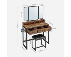 Make-up tafel – Kaptafel – Schminktafel – Make-up bureau – Vanity table – Drieluikspiegel – 3 Lades – Met Föhnhouder en Kruk - Vintage Bruin en Zwart