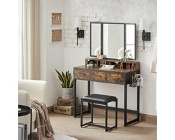 Make-up tafel – Kaptafel – Schminktafel – Make-up bureau – Vanity table – Drieluikspiegel – 3 Lades – Met Föhnhouder en Kruk - Vintage Bruin en Zwart