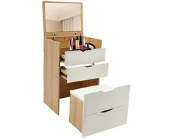 Make-up Tafel – Kaptafel – Schminktafel – Vanity Set – Make-up Desk – Compact Design – MDF Houtlook met Crème Afwerking – Kantelbare Spiegel en Verborgen Kruk – 3 Laden Opbergruimte