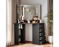 Make-up Tafel – Kaptafel – Schminktisch – Make-up Organiser – Vanity Tafel – Hoekmodel Met 3 Spiegels – 5 Lades & 2 Open Vakken – 112x50x142,5 cm – Modern & Ruimtebesparend