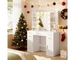 Make-up Tafel – Kaptafel – Schminktisch – Vanity Table – Opmaaktafel – Wit – 5 Laden & 9 Open Vakken – Spiegel Met Verborgen Opbergruimte – MDF & Kurk – 108 cm Breed – Plug Powered – Eenvoudige Montage