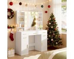 Make-up Tafel – Kaptafel – Schminktisch – Vanity Table – Opmaaktafel – Wit – 5 Laden & 9 Open Vakken – Spiegel Met Verborgen Opbergruimte – MDF & Kurk – 108 cm Breed – Plug Powered – Eenvoudige Montage