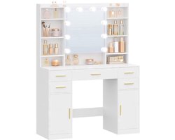 Make-up Tafel – Kaptafel – Schminktisch – Vanity Table – Opmaaktafel – Wit – 5 Laden & 9 Open Vakken – Spiegel Met Verborgen Opbergruimte – MDF & Kurk – 108 cm Breed – Plug Powered – Eenvoudige Montage