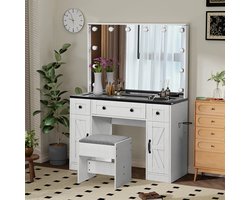 Make-Up Tafel – Make-Up Bureau – Dressing Tafel – Visagie Tafel – Verlichte Spiegel – Ruime Opbergruimte – Inclusief Comfortabele Kruk