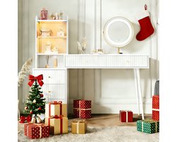 Make-up tafel - met driekleurige LED-spiegel - lade - verlicht kastje met glazen deur - open opbergvak - wit - 100 x 40 x 125 cm - zonder kruk