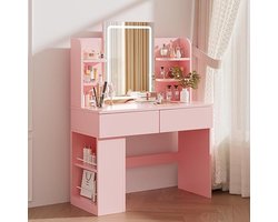 Make-up Tafel met LED-Spiegel – 3 Lichtsterktes – 2 Grote Laden, Zijopslag, 4 Open Compartimenten - Kaptafel- Wit- Zwart- Roze