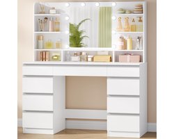 Make-up Tafel Met LED Verlichting 40×108×140 cm – Luxe Kaptafel met Spiegel, 10 LED-Lichtballen (3 Kleuren), 9 Laden & 9 Open Planken – Grote Witte Moderne Make-Uptafel – Depauw