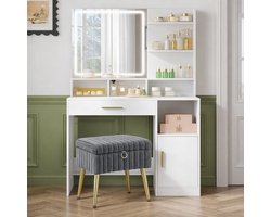 Make-up Tafel met Spiegel en LED Verlichting + Opbergplanken – Witte Kaptafel met Lade – Inclusief Grijze Kruk