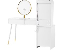 Make-up Tafel Set Met Driekleurige LED Spiegel 4 Lades 1 Verlichte Kast Met Glazen Deur 1 Open Opbergruimte Wit Afmetingen 100x40x125cm Zonder Kruk