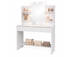 Make Up Tafel XL – Kaptafel met Spiegel en Verlichting – Hollywood Spiegel met 10 LED Lampen, 3 Lichtstanden en Dimbaar – Lade met 3 Vakken en 4 Open Vakken – 108 x 40 x 141 cm – Wit – Monza Home
