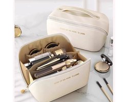 Make-up Tas Dames & Meisjes - Grote Toilettas voor Reizen & Vakantie - Beauty Case met Grote Opening - Cosmetica Organizer met Vakken - Waterafstotend PU Leer - Reis Etui voor Make up & Verzorging - Handige Badkamer Opbergtas - Beige