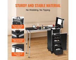 Make-up Train Case – Make-up Koffer – Cosmetica Organizer – Beauty Trolley – Visagie Case – Extra Groot Formaat – Inklapbare Werktafel – 360° Zwenkwielen – Zwart