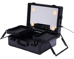 Make-upkoffer, verstelbare make-upkoffer, cosmetica-trein tafel, verlichting, Pro-make-upstation, make-upkoffer met individuele onderverdelingen, zwart, modern