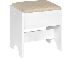 Make-upkruk, kruk voor make-uptafel, gestoffeerde kruk met linnen bekleding, 40 x 45 x 30 cm, van hout, moderne kaptafelstoel voor slaapkamer, belastbaar tot 150 kg, wit