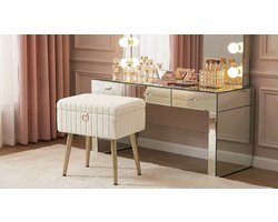 Make-upkruk met Opbergruimte – YesDeals Luxe Fluwelen Poef met Deksel, Organizer met 3 Vakken, Verstelbare Metalen Poten, Moderne Make-upstoel / Voetenbank / Bijzettafel – Crème Wit (30x40x50 cm)