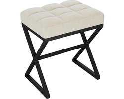 Make-upkruk, voetenbank, linnen kruk, make-up dressing-kruk met X-vormige metalen poten, voor ijdelheid, woonkamer, slaapkamer, entree, hal, 40 x 30 x 46 cm, beige
