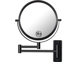 Make-upspiegel, 1 x / 10 x vergroting, diameter 20 cm, 360 graden, dubbelzijdig uittrekbare scheerspiegel, ronde arm, make-upspiegel voor badkamer, zwarte roestvrijstalen spiegel voor dames, meisjes