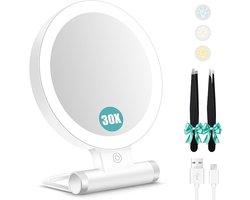 Make-upspiegel met LED-verlichting, dubbelzijdig met 30x vergroting, opvouwbaar en draagbaar