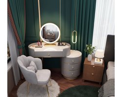 Make-uptafel 80×40×76 cm – Grijze Kaptafel met LED Spiegel, 5 Laden, Verstelbare Breedte, Slaapkamer Make-uptafel met Omwikkeld Leer en Metalen Poten, 3 Kleurverlichting & Instelbare Helderheid – Altameubel