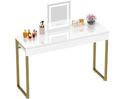Make-uptafel, Kaptafel met 2 Laden Glanzend Wit, 100 x 40 cm Cosmeticatafel met Metalen Gouden Benen voor Kleine Ruimtes Slaapkamer Meubels Geen Spiegel, Goud