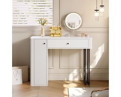 Make-uptafel, make-upset met LED-spiegel, 1 lade, 1 deur, 3-kleurige LED-verlichting, afmetingen: B100×H116×D40cm (zonder krukje)
