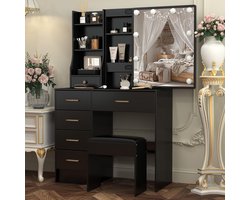 Make-uptafel met dimbare verlichting en schuifspiegel, kaptafel met kruk, 6 laden en 6 planken voor extra veel opbergruimte, zwart, 80 x 36 x 131 cm