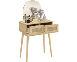 Make-uptafel met gebogen spiegel, 2 lades met rotan front voor kleine ruimtes (naturel)