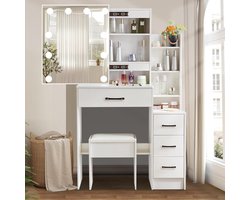 Make-uptafel met Hollywood-ledverlichting - Moderne kaptafel met spiegel en kruk - 4 laden en 4 open vakken - Wit make up tafel