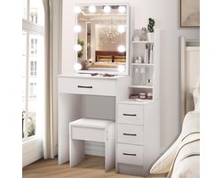Make-uptafel met Hollywood-ledverlichting - moderne kaptafel met spiegel en kruk - houten make-uptafel met laden make up tafel