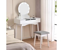 Make-uptafel met kruk Laura - wit hout - 8 ledlampen - spiegel - laden - gevoerde zitting - koud en warm licht make up tafel