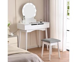 Make-uptafel met kruk model Laura - 8 ledlampen - Spiegel en laden van wit hout - Comfortabele gevoerde zitting - Make-up spiegel met koud en warm licht