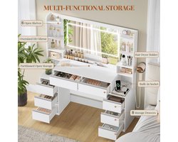 Make-uptafel met LED-look Spiegel en Haardrogerhouder – Kaptafel / Vanity Desk 135x40x145 cm – 8 Lades & Open Vakken – Grote Spiegel 90x48 cm – Modern Wit/Zilver Design – abtkantoor
