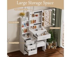 Make-uptafel met LED-Spiegel 80x36x131 cm – Novihome Élégance Noir – Kaptafel met 5 Lades, Verstelbare Verlichting (Koud/Natuurlijk/Warm Licht) – Modern Design, MDF Hout – Weiß