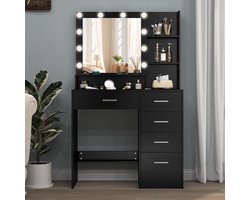 Make-uptafel met LED-Spiegel 80x36x131 cm – Novihome Élégance Noir – Kaptafel met 5 Lades, Verstelbare Verlichting (Koud/Natuurlijk/Warm Licht) – Modern Design, MDF Hout Schwarz