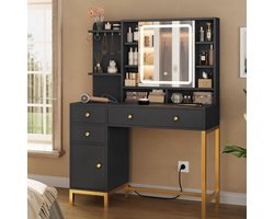 Make-uptafel met LED Spiegel en Stopcontact 98x40x138 cm – Novihome Glamour Pro Zwarte Kaptafel – Moderne Houten Make-uptafel met 4 Laden, USB-poorten, Touch LED-verlichting & Transparante Lade – Luxe Cosmeticatafel met Verborgen Opbergruimte