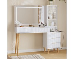 Make-uptafel met LED-spiegel, glazen vitrinekast en stopcontact 122 x 40 x 136 cm – Kaptafel met 5 lades, 3 lichtstanden, gehard glazen blad en opbergkast met glazen deur – Moderne walnoot make-up tafel voor slaapkamer – Royal Fluted Vanity – Depauw