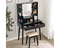 Make-uptafel met LED-verlichting en opslagruimte - Zwart met Spiegel en Kruk make up tafel