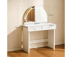 Make-uptafel met LED Verlichting en Ronde Spiegel 94x40x130 cm – Moderne Kaptafel met 2 Laden, Compacte Make-up Tafel voor Meisjes en Vrouwen – Pauwhome
