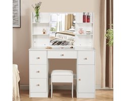 Make-uptafel met ledverlichting - 3 kleurtemperaturen - instelbare helderheid - kaptafel met spiegel - kruk - make-uptafel - 4 planken - 5 laden - modern wit make up tafel
