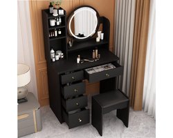 Make-uptafel met ledverlichting en 5 laden, kaptafel met 4 open vakken, kaptafel met ronde spiegel, make-uptafel, met kruk, make-uptafel, zwart, 80 x 40 x 135 cm (b x d x h)