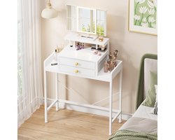 Make-uptafel met ledverlichting en spiegel, kleine make-uptafel met 2 stoffen laden, instelbare helderheid en kleurtemperatuur, make-uptafel (70 x 31,5 cm, wit)