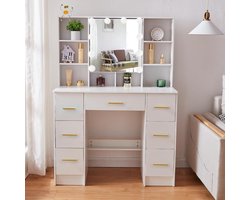 Make-uptafel met ledverlichting en verstelbare helderheid - kaptafel met grote spiegel en 7 laden - commode slaapkamer - 140x100x40 cm - wit make up tafel