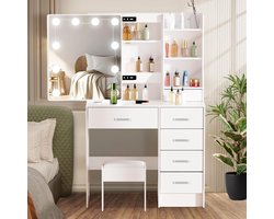 Make-uptafel met ledverlichting - kaptafel met spiegel - 3 kleuren licht - make-uptafel met 6 planken en 6 schuifladen - 80 x 36 x 131 cm - linker lade make up tafel