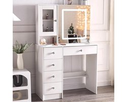 Make-uptafel met ledverlichting - Kaptafel met spiegel en kruk - 3 lichtmodi - 7 laden - 6 planken - Slaapkamer - 100 x 40 x 140 cm - Wit make up tafel