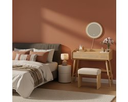 Make-uptafel met Spiegel en Dimbare LED Verlichting 43×90×82 cm – Boho Make-Up Bureau met 3 Laden, Touch Bedieningspaneel, Rotan Look, Massief Hout, Slaapkamer Kaptafel – Altameubel