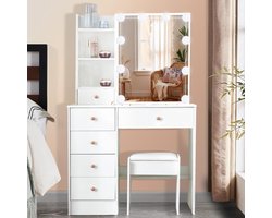 Make-uptafel met spiegel en kruk - kaptafel met verlichting - make-uptafel met 4 schuifladen - 7 legplanken - slaapkamer en kinderkamer - 83 x 36 x 140 cm make up tafel