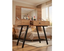 Make-uptafel met Spiegel en Laadstation 96,5x46,5x80,5 cm – Kaptafel met Klapdeksel, Lade, 6 Opbergvakken, USB & Stopcontact, Metalen Frame – 2-in-1 Make-up Bureau / Vanity Tafel – Naturel Hout – Depauw
