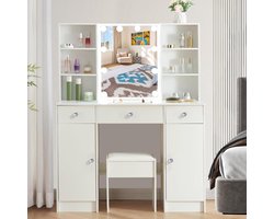 Make-uptafel met spiegel en verstelbare ledlampen - Kaptafel met 3 laden, 4 open planken en 2 kasten - Wit - 100 x 40 x 140 cm make up tafel