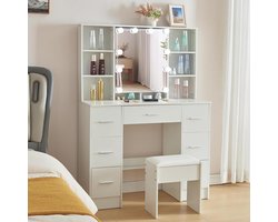 Make-uptafel met verlichting - 3 lichtmodi - kaptafel met spiegel en kruk - grote make-uptafel - 5 laden - 4 planken - 1 kast - 100 x 40 x 140 cm make up tafel